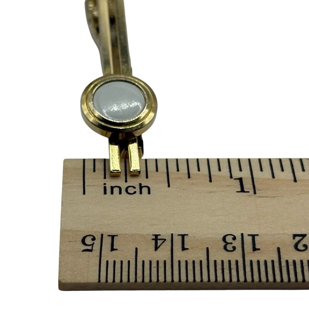 Tie Clip Bar Gold Tone White Enamel Round Open Lines Classic VTG Minimalist Mens
